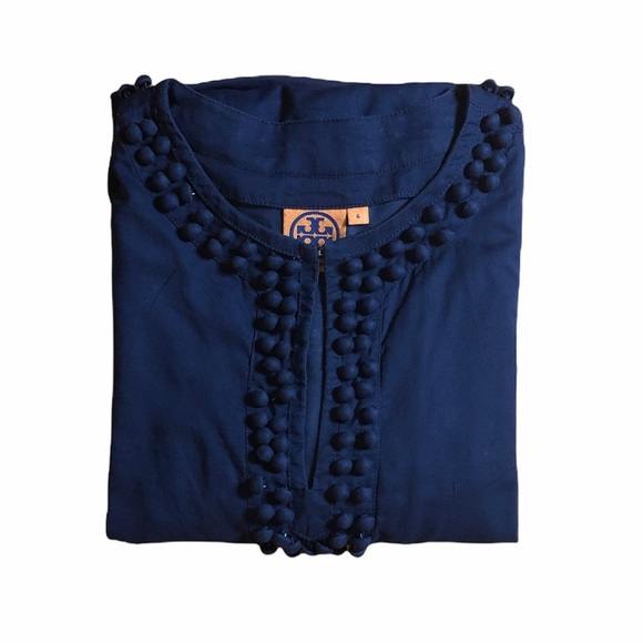 TORY BURCH Navy Embellished Split Crew Neck Top Sz 6 - Picture 5 of 6